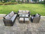 Fimous 9 Seater Dark Grey PE Wicker Rattan Garden Furniture Set Reclining Chair Lounge 3 Seater Sofa Set Outdoor Rectangular Coffee Table Stools