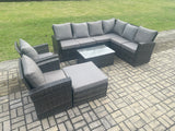 Fimous 9 Seater High Back Outdoor Garden Furniture Set Rattan Corner Sofa Set With Rectangular Coffee Table Big Footstool 2 Armchairs Dark Grey Mixed