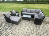 Fimous 9 Seater High Back Outdoor Garden Furniture Set Rattan Corner Sofa Set With Rectangular Coffee Table Big Footstool 2 Armchairs Dark Grey Mixed
