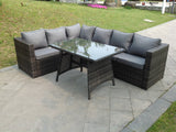 Fimous 6 Seater Grey Rattan Corner Sofa Set Dining Table Foot Rest Garden Furniture Outdoor
