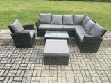Fimous 8 Seater High Back Outdoor Garden Furniture Set Rattan Corner Sofa Set With Rectangular Coffee Table Big Footstool Armchair Dark Grey Mixed