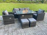 Fimous Dark Mixed Grey Rattan Outdoor Garden Furniture Set Gas Fire Pit Table Gas Heater Dining Table Sets Lounge Sofa Recling Chairs Footstools 7 Seater