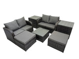 Fimous Rattan Garden Outdoor Furniture Set Love Sofa Square Coffee Table Set with 2 Side Table 2 Big Stools Dark Grey Mixed