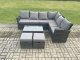 Fimous Wicker PE Outdoor Garden Furniture Set High Back Rattan Corner Sofa Set with Rectangular Coffee Table 2 Small Footstools