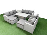 Fimous PE Rattan High Back Lounge Sofa Set Patio Adjustable Lifting Dining or Coffee Table & Chairs Set with 3 Seater Sofa Reclining Chair 2 Big Footstool Side Table Light Grey