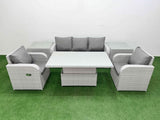 Fimous PE Rattan Garden Furniture Set Reclining Chair Sofa Lounge Sofa Set Adjustable Lifting Dining or Coffee Table 2 Side Table Light Grey