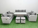 Fimous PE Rattan Garden Furniture Set Reclining Chair Sofa Double Love Seat 2 Seater Sofa Lounge Set Adjustable Lifting Dining or Coffee Table 2 Stools Light Grey