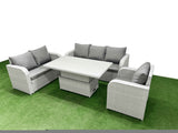 Fimous Patio PE Wicker 6 Seater Outdoor Rattan Furniture Sofa Sets with Adjustable Lifting Dining or Coffee Table Reclining Chair Loveseat Sofa 3 Seater Sofa Light Grey