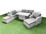 Fimous Patio PE Wicker 8 Seater Outdoor Rattan Furniture Sofa Sets with Adjustable Lifting Dining or Coffee Table Reclining Chair Loveseat Sofa 3 Seater Sofa 2 Big Footstools 2 Side Table  Light Grey