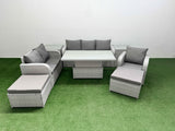 Fimous Patio PE Wicker 8 Seater Outdoor Rattan Furniture Sofa Sets with Adjustable Lifting Dining or Coffee Table Reclining Chair Loveseat Sofa 3 Seater Sofa 2 Big Footstools 2 Side Table  Light Grey