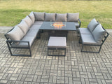 Fimous Aluminium 10 Seater Lounge Corner Sofa Outdoor Garden Furniture Sets Gas Fire Pit Dining Table Set with Big Footstool Dark Grey