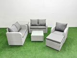 Fimous High Back Poly Rattan Garden Furniture Set with Reclining Chair Loveseat Sofa Square Coffee Table Indoor Outdoor Patio  Set Big Stool Side Table Light Grey
