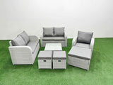 Fimous High Back Poly Rattan Garden Furniture Set with Reclining Chair Loveseat Sofa Square Coffee Table Indoor Outdoor Patio  Set 3 Stools Light Grey