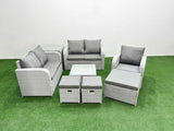 Fimous High Back Poly Rattan Garden Furniture Set with Reclining Chair Loveseat Sofa Square Coffee Table Indoor Outdoor Patio  Set 3 Stools Side Table Light Grey