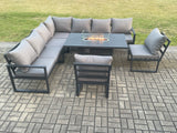 Fimous Aluminium 9 Seater Lounge Corner Sofa Outdoor Garden Furniture Sets Gas Fire Pit Dining Table Set Dark Grey