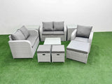 Fimous High Back Poly Rattan Garden Furniture Set with Reclining Chair Loveseat Sofa Square Coffee Table Indoor Outdoor Patio  Set 3 Stools 2 Side Table Light Grey