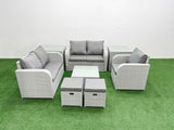 Fimous High Back Poly Rattan Garden Furniture Set with Reclining Chair Loveseat Sofa Square Coffee Table Indoor Outdoor Patio  Set 2 Stool 2 Side Table Light Grey