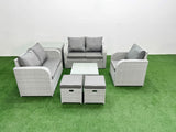 Fimous High Back Poly Rattan Garden Furniture Set with Reclining Chair Loveseat Sofa Square Coffee Table Indoor Outdoor Patio  Set 2 Stool Side Table Light Grey