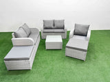 Fimous High Back Poly Rattan Garden Furniture Set with Reclining Chair Loveseat Sofa Square Coffee Table Indoor Outdoor Patio  Set 2 Big Stool Light Grey