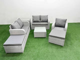 Fimous High Back Poly Rattan Garden Furniture Set with Reclining Chair Loveseat Sofa Square Coffee Table Indoor Outdoor Patio  Set 2 Big Stool Side Table Light Grey
