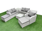 Fimous High Back Poly Rattan Garden Furniture Set with Reclining Chair Loveseat Sofa Square Coffee Table Indoor Outdoor Patio  Set 2 Big Stool 2 Side Table Light Grey