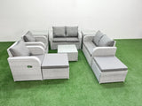 Fimous 8 Seater Outdoor Reclining Chair Love Sofa Set Rattan Garden Furniture Set with Square Coffee Table 2 Big FootStools  2 Side Table Light Grey