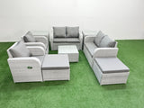 Fimous 8 Seater Outdoor Reclining Chair Love Sofa Set Rattan Garden Furniture Set with Square Coffee Table 2 Big FootStools  2 Side Table Light Grey
