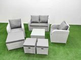 Fimous Light Grey PE Wicker Rattan Garden Furniture Set Sofa Set Reclining Adjustable Chair Square Coffee Table 7 Seater 3  Stools