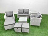 Fimous Light Grey PE Wicker Rattan Garden Furniture Set Sofa Set Reclining Adjustable Chair Square Coffee Table 7 Seater 3  Stools Side Table
