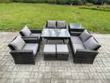 Fimous Rattan Garden Furniture Set 8 Seater Patio Outdoor Lounge Sofa Set with Rectangular Dining Table Love Seat Sofa Side Table 2 Small Footstools Dark Grey Mixed
