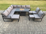 Fimous Aluminium 12 Seater Lounge Corner Sofa Outdoor Garden Furniture Sets Gas Fire Pit Dining Table Set with 3 Footstools Dark Grey