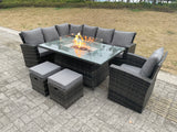 Fimous High Back Rattan Garden Furniture Sets Gas Fire Pit Dining Table Gas Heater Set Left Corner Sofa Small Footstools Chair 9 Seater