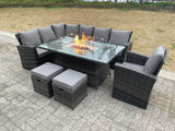 Fimous High Back Rattan Garden Furniture Sets Gas Fire Pit Dining Table Gas Heater Set Left Corner Sofa Small Footstools Chair 9 Seater