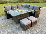 Fimous High Back Rattan Garden Furniture Sets Gas Fire Pit Dining Table Set Gas Heater Right Corner Sofa Small Footstools 8 Seater