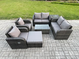 Fimous Rattan Garden Furniture Set 7 Seater Patio Outdoor Lounge Sofa Set with 2 Reclining Chairs Rectangular Coffee Table Big Footstool Side Table Dark Grey Mixed