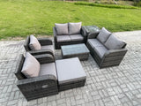 Fimous Rattan Garden Furniture Set 7 Seater Patio Outdoor Lounge Sofa Set with 2 Reclining Chairs Rectangular Coffee Table Big Footstool Side Table Dark Grey Mixed
