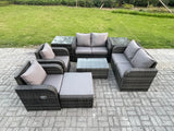 Fimous 7 Seater Rattan Garden Furniture Set Patio Outdoor Lounge Sofa Set with Rectangular Coffee Table Big Footstool Love Sofa 2 Side Tables Dark Grey Mixed
