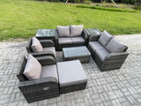 Fimous 7 Seater Rattan Garden Furniture Set Patio Outdoor Lounge Sofa Set with Rectangular Coffee Table Big Footstool Love Sofa 2 Side Tables Dark Grey Mixed