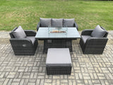 Fimous Patio Outdoor Rattan Garden Furniture Set Propane Gas Fire Pit Table Burner with Lounge Sofa Footstool