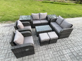 Fimous 8 Seater Rattan Garden Furniture Set Patio Outdoor Lounge Sofa Set with Rectangular Coffee Table 2 Small Footstools Love Sofa 2 Side Tables Dark Grey Mixed