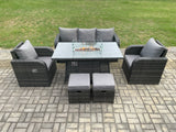 Fimous Garden Patio Furniture Wicker Rattan Gas Fire Pit Table and Chair set with 3 Seater Sofa 2 Small Footstools Dark Grey Mixed