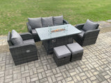 Fimous Garden Patio Furniture Wicker Rattan Gas Fire Pit Table and Chair set with 3 Seater Sofa 2 Small Footstools Dark Grey Mixed