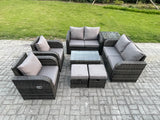 Fimous 8 Seater Rattan Garden Furniture Set Patio Outdoor Lounge Sofa Set with Rectangular Coffee Table 2 Small Footstools Love Sofa Side Table Dark Grey Mixed