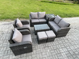 Fimous 8 Seater Rattan Garden Furniture Set Patio Outdoor Lounge Sofa Set with Rectangular Coffee Table 2 Small Footstools Love Sofa Side Table Dark Grey Mixed
