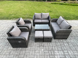 Fimous 8 Seater Rattan Garden Furniture Set Patio Outdoor Lounge Sofa Set with Rectangular Coffee Table 2 Small Footstools Love Sofa Dark Grey Mixed