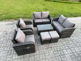 Fimous 8 Seater Rattan Garden Furniture Set Patio Outdoor Lounge Sofa Set with Rectangular Coffee Table 2 Small Footstools Love Sofa Dark Grey Mixed