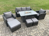 Fimous Wicker Rattan Garden Furniture Sofa Set Gas Fire Pit Dining Table Indoor Outdoor with Chair 3 Footstools