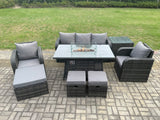 Fimous Wicker Rattan Garden Furniture Sofa Set Gas Fire Pit Dining Table Indoor Outdoor with Side Table Chair 3 Footstools