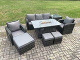 Fimous Wicker Rattan Garden Furniture Sofa Set Gas Fire Pit Dining Table Indoor Outdoor with Side Table Chair 3 Footstools