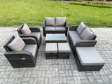 Fimous 9 Seater Rattan Garden Furniture Set Patio Outdoor Lounge Sofa Set with Rectangular Coffee Table 3 Footstools Love Sofa Dark Grey Mixed